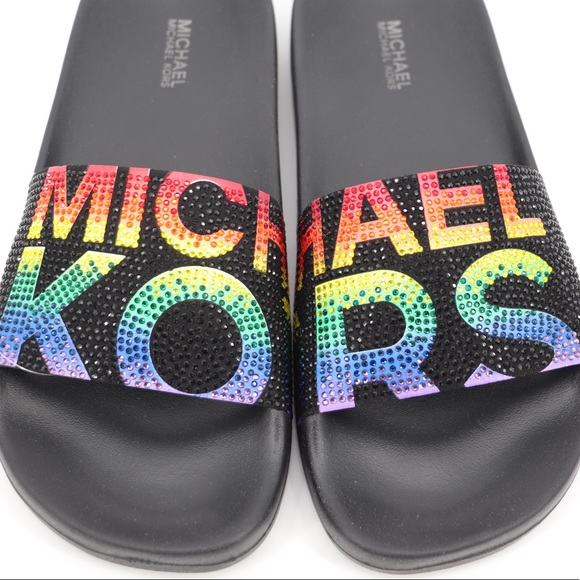 Michael Kors 6 Gilmore Embellished Slide Sandals Black Multi - Picture 5 of 16